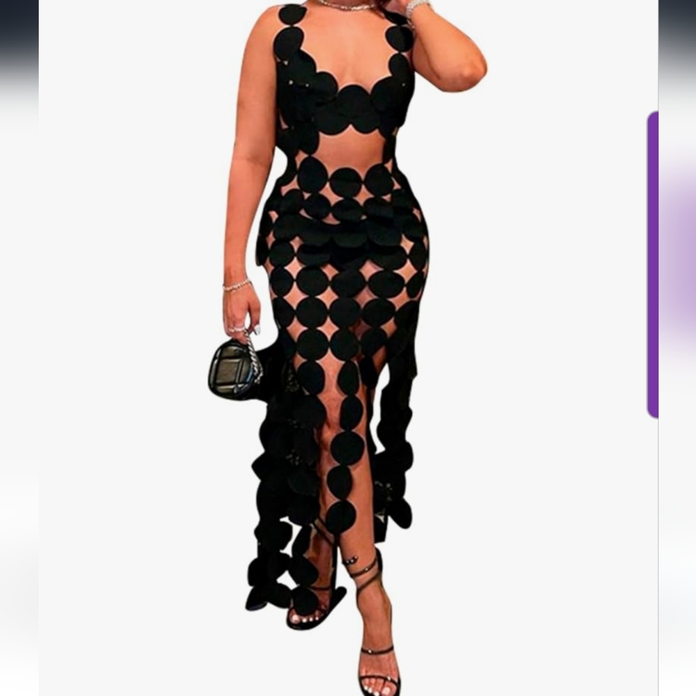 Sexy Hollow Out Dot Sleeveless Long Dress Low-Cut Cut Out Backless Tassel NWOT